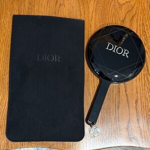 Dior Glossy Black Hand Mirror with Pouch NWOT Gift 9” Long
